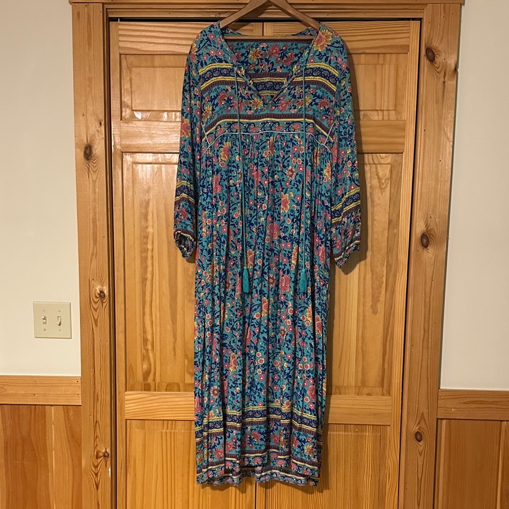 Bohemian Teal Floral Midi Dress with Tassel Tie